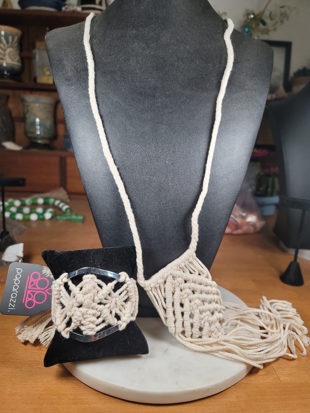 paparazzi Cream Macramé Necklace and Cuff Bracelet Set